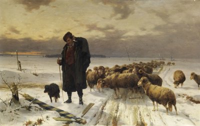 Shepherd with Flock in Winter Landscape by Adolf Ernst Meissner